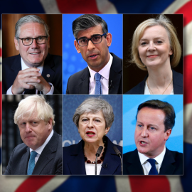 Los seis últimos primeros ministros de Reino Unido Keir Starmer, Rishi Sunak, Liz Truss, Boris Johnson, Theresa May y David Cameron.