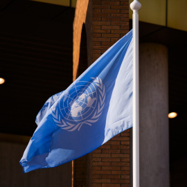 Detalle de las banderas de la ONU que marca el inicio del cónclave internacional de la celebración de la IV Conferencia Internacional sobre Financiación del Desarrollo, a 29 de junio de 2025 en Sevilla