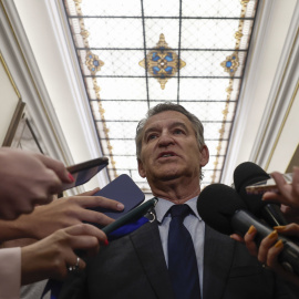 El líder del PP, Alberto Núñez Feijóo, atiende a la prensa en los pasillos del Congreso.