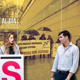 Montaje de la coordinadora de Movimiento Sumar, Lara Hernández, y el agitador ultra Vito Quiles, sobre un fondo de integrantes de 'Marea de Residencias'.
