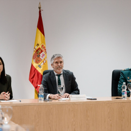 La directora general de la Guardia Civil, Mercedes González; el ministro del Interior, Fernando Grande-Marlaska, y el DAO de la Guardia Civil, Manuel Llamas, durante una rueda de prensa, en la Dirección General de la Guardia Civil, a 8 de mayo de 2026