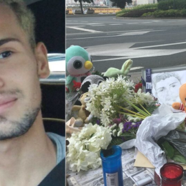 A la izquierda, Samuel Luiz, junto a una fotografía de varios objeto depositados en el lugar donde fue asesinado.
