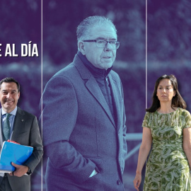 Montaje del candidato a la presidencia de la Junta de Andalucía, Juanma Moreno Bonilla, y la directora de la Guardia Civil, Mercedes González, sobre un fondo con Francisco Granados.