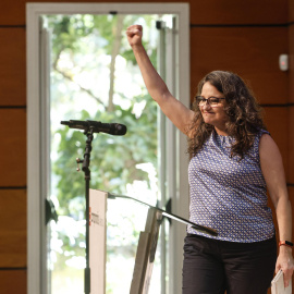 La candidata a la alcaldía de València, Mónica Oltra, en la asamblea extraordinaria de Compromís este sábado.