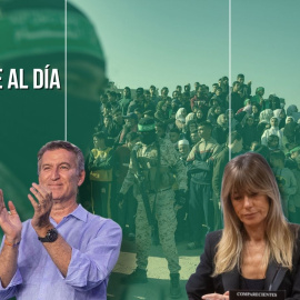 Montaje del líder del PP, Alberto Núñez Feijóo, y Begoña Gómez, sobre un fondo de miembros de la milicia Hamás.
