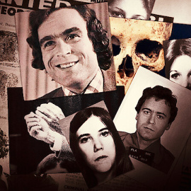 Collage de imágenes de distintos documentales de true crime.