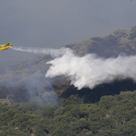 Medios aéreos realizan las labores de extinción en un incendio forestal en Grazalema (Cádiz).