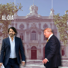 Montaje del novio de Ayuso, Alberto González Amador, y el presidente de EEUU, Donald Trump, sobre un fondo de la fachada del Tribunal Supremo.
