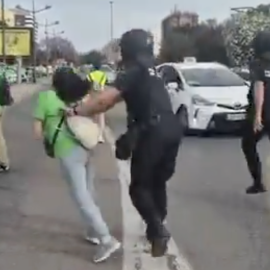 Captura del vídeo en el que el agente de policía empuja a la manifestante por la espalda en València.
