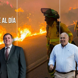 Montaje del expresidente de Correos, Juan Manuel Serrano, y el secretario general del PP, Miguel Tellado, sobre un fondo de bomberos trabajando contra el incendio de Almería.