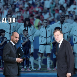 Montaje del ministro de Asuntos Exteriores francés, Jean-Noël Barrot, y el expresidente del Gobierno, Mariano Rajoy, sobre un fondo de la selección francesa en el Mundial.