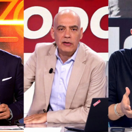 Iker Jiménez, presentador de 'Horizonte', Nacho Abad, de 'En boca de todos', y Risto Mejide, de 'Todo es mentira' (de izquierda a derecha). .
