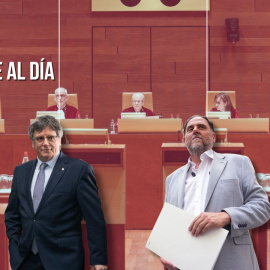 Montaje del líder de Junts, Carles Puigdemont, y el de ERC, Oriol Junqueras, sobre un fondo con el pleno del TJUE.