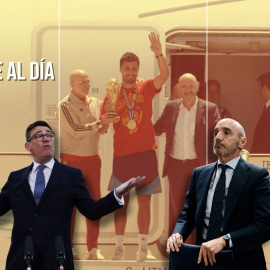 Montaje del nuevo primer ministro del Reino Unido, Andy Burnham, y el empresario Julio Martínez, sobre un fondo de la llegada de la selección a España.