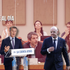 Montaje del líder del PP, Alberto Núñez Feijóo, y el presidente de la FIFA, Gianni Infantino, sobre una reunión del Grupo Plurinacional Sumar en el Congreso.