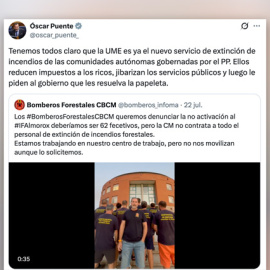 Tuit de Óscar Puente sobre los incendios en Madrid.
