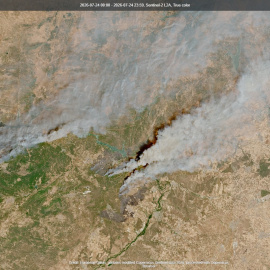 Vista aérea de los incendios de Madrid y Ávila sacada desde el Sentinel 2 de Copernicus.