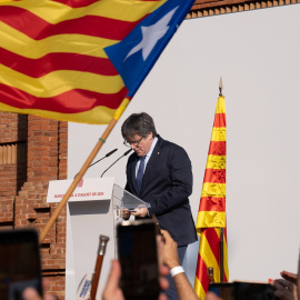 El expresidente de la Generalitat de Catalunya, Carles Puigdemont, durante su intervención en el acto de bienvenida en Barcelona, antes de su huida, el 8 de agosto de 2024.