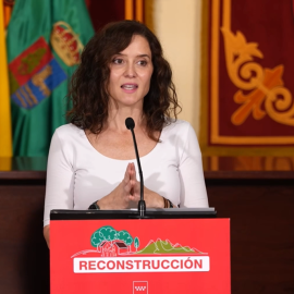 Isabel Díaz Ayuso, durante una rueda de prensa en Villa del Prado.