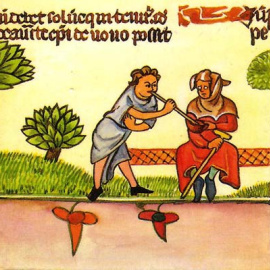 Ilustración en la que un mozo de ciego le hurta vino.