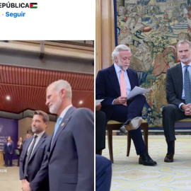 Captura de un tuit que critica la foto de Felipe VI con Javier Negre y, al lado, la foto del rey con el equipo de 'Okdiario'.
