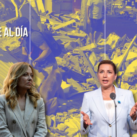 Montaje de las primeras ministras de Italia y Dinamarca, Giorgia Meloni (i) y Mette Frederiksen (d), sobre un fondo con los estragos del terremoto en Colombia.