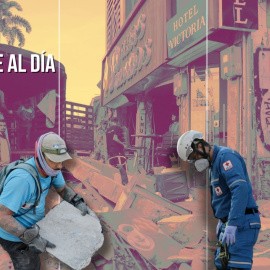 Montaje de un voluntario y un trabajador sanitario trabajan en los escombros dejados por el terremoto.