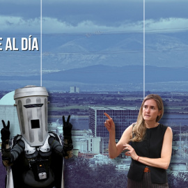 Montaje del candidato británico Conde de Carabasura y la ministra de Transición Ecológica, Sara Aagesen, sobre un fondo de la central de Almaraz.