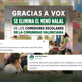 Fotomontaje de un cartel de Vox con dos tuits.