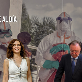 Montaje de la presidenta madrileña, Isabel Díaz Ayuso, y el presidente ceutí, Juan Jesús Vivas, sobre un fondo con dos sanitarios en la República Democrática del Congo.