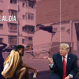 Montaje de un migrante en Ceuta y el presidente de EEUU, Donald Trump, sobre un fondo de Granada afectada por los terremotos.