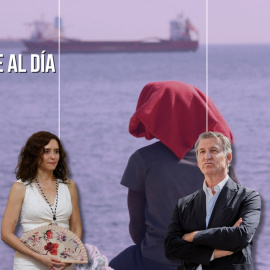Montaje de la presidenta de la Comundiad de Madrid, Isabel Díaz Ayuso, y el líder del PP, Alberto Núñez Feijóo, sobre un fondo con un migrante en Ceuta.