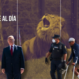 Montaje del presidente de EEUU, Donald Trump, junto a un agente de Policía que escolta a un migrante, sobre el fondo de un león.