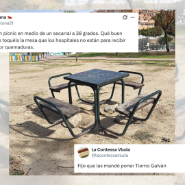 Fotomontaje de la imagen de una de las mesas públicas de Madrid con tuits