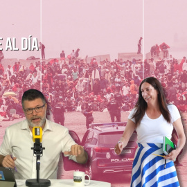 Montaje del cómico Héctor de Miguel y la consejera andaluza Loles López, sobre un fondo de la crisis de migrantes en Ceuta.