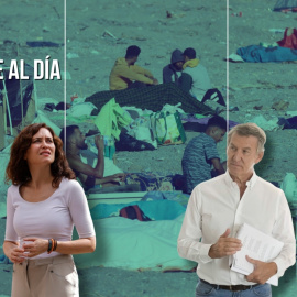 Montaje de la presidenta de la Comunidad de Madrid, Isabel Díaz Ayuso, y el líder del PP, Alberto Núñez Feijóo, sobre un fondo de migrantes en una playa de Ceuta.