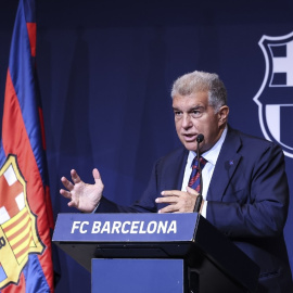 El president del Barça, Joan Laporta, en una roda de premsa de dilluns, 24 d'agost. 24/08/2026