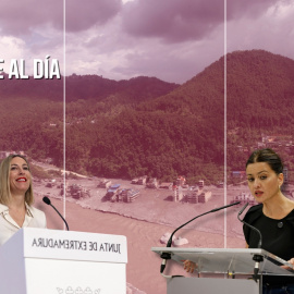 Montaje de la presidenta de Extremadura, María Guardiola, y la ministra de Juventud e Infancia, Sira Rego, sobre un fondo de la riada en Nepal.