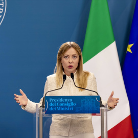 La primera ministra italiana, Giorgia Meloni, durante una rueda de prensa junto al primer ministro indio, Narendra Modi, el pasado 20 de mayo.