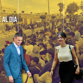 Montaje del presidente del Gobierno, Pedro Sánchez, y la ministra de Juventud e Infancia, Sira Rego, sobre una imagen de migrantes en Ceuta.