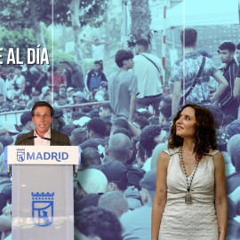 Montaje del alcalde de Madrid, José Luis Martínez Almeida, y la presidenta de la Comunidad de Madrid, Isabel Díaz Ayuso, sobre un fondo de migrantes en Ceuta.