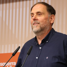 El president d'ERC, Oriol Junqueras, en roda de premsa a la seu del partit aquest 31 d'agost. 31/08/2026