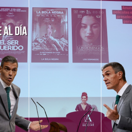 Montaje del presidente del Gobierno, Pedro Sánchez, sobre un fondo de la preselección de películas españolas para los Óscar.