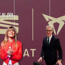 Montaje de Begoña Gómez junto al ministro de Haciendo, Arcadi España, sobre un fondo de la compañía automovilística Seat,