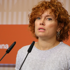 La secretària general d'ERC, Elisenda Alamany, en la roda de premsa a la seu del partit d'aquest dilluns, 7 de setembre. 07/09/2026