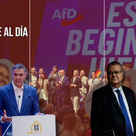 Montaje del presidente de Gobierno, Pedro Sánchez, junto al expresidente de Plus Ultra, Julio Martínez Sola, sobre un fondo de la victoria de Alternativa para Alemania en las elecciones de Sajonia-Anhalt.
