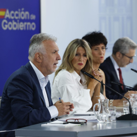 Los ministros Ángel Víctor Torres, Yolanda Díaz, Elma Saiz y Arcadi España, durante la rueda de prensa posterior a la reunión del Consejo de Ministros, este martes 8 de septiembre. Los ministros Ángel Víctor Torres, Yolanda Díaz, Elma Saiz y Arcadi España