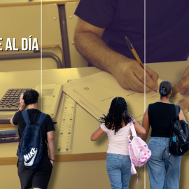 Montaje de varios alumnos sobre el fondo de una persona haciendo un examen.