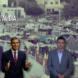 Montaje del presidente del Gobierno, Pedro Sánchez, y el exdirector general de los Mossos d'Esquadra, Josep Lluís Trapero, sobre un fondo de la Playa del Trampolín en Ceuta.