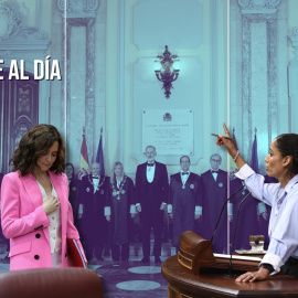 Montaje de la presidenta de la Comunidad de Madrid, Isabel Díaz Ayuso, y la diputada de Sumar Tesh Sidi, sobre un fondo de la apertura del año judicial.